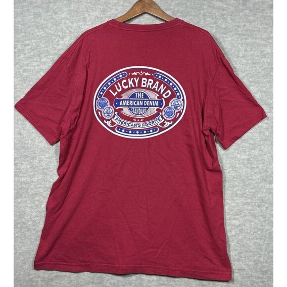 Lucky Brand Mens Sz L T-Shirt Tee Red  Made in USA Casual‎ Screen Print - Picture 1 of 4